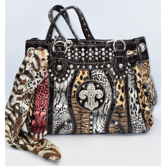 USTYLE Animal Print Western Handbag Rhinestones & Studs Dual Handles - Picture 2 of 8